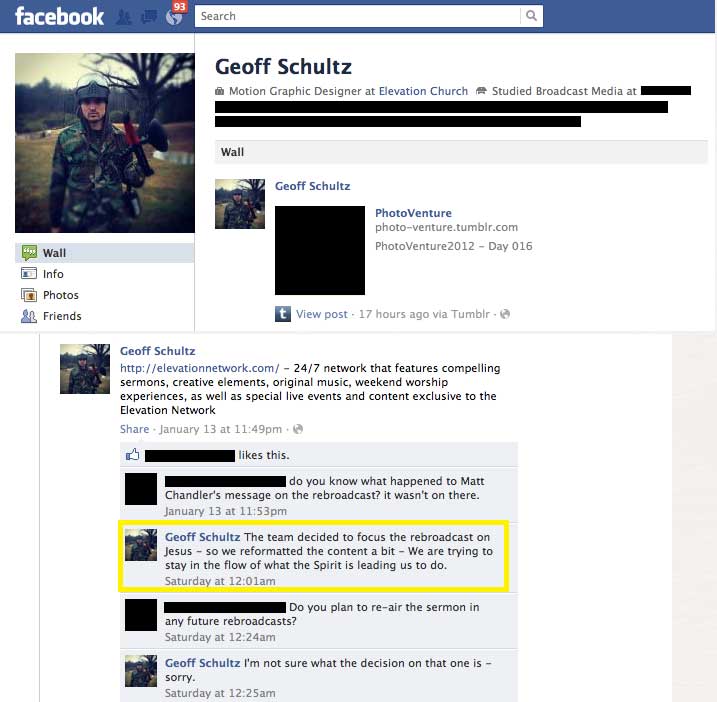 Screenshot of Schultz’ Facebook wall